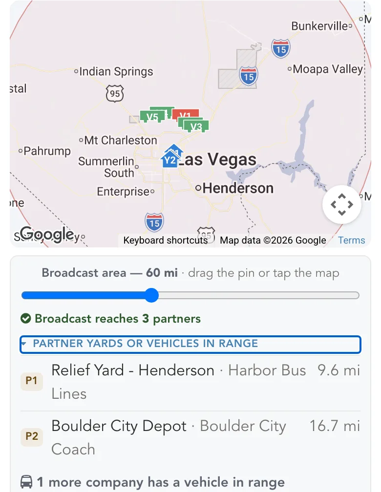 The dispatcher page on a phone: a map with the 60-mile broadcast circle around the SOS location, the audience list of two partner yards in range and one more company with a vehicle in range, and the filled-in broadcast review form with its Broadcast now button