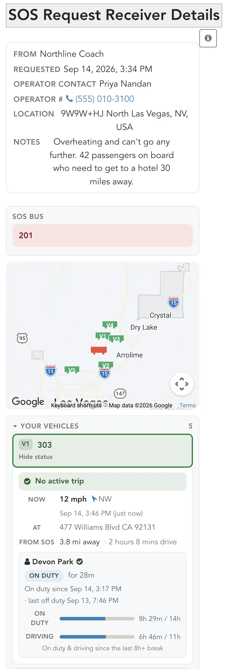A partner's page on a phone after a broadcast: the request details with the operator to call, a map with the SOS location and the partner's fleet, the SOS bus, and the list of its four nearest buses