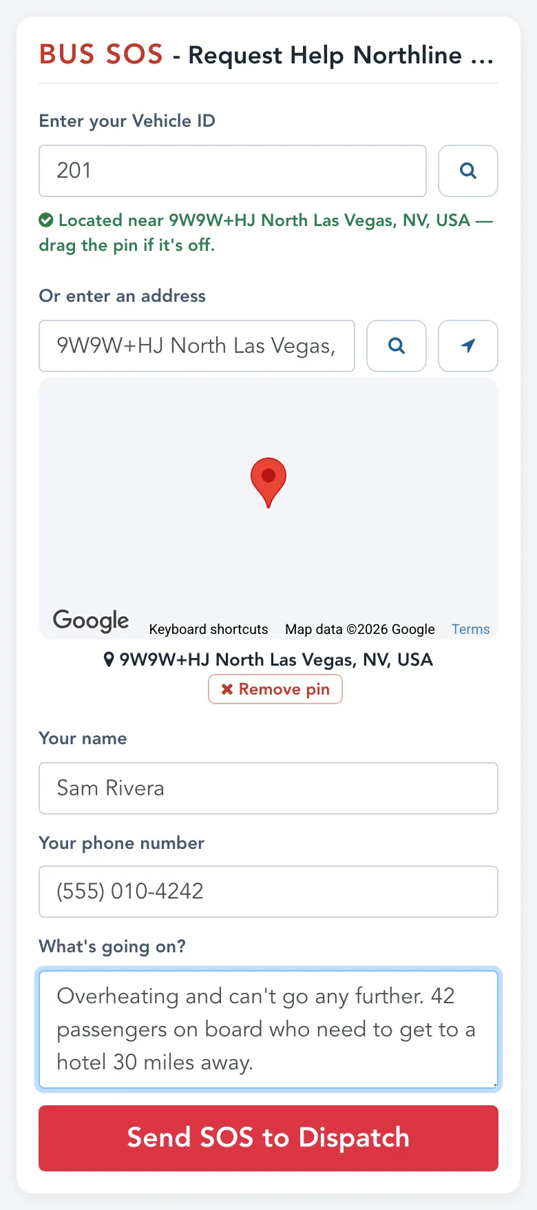 The driver SOS form on a phone after typing bus 201: a green confirmation that the bus was located, the pin on its live position on the map, and the driver's name, number and note filled in