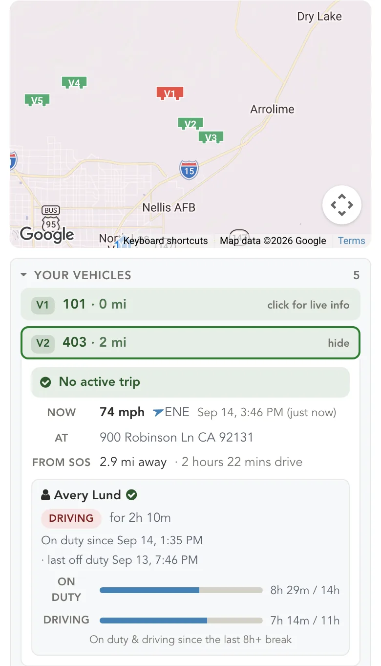 The dispatcher page on a phone: a map with the SOS location and the company's buses, then the nearby-vehicles list with one bus expanded to show its live status, availability and the driver's hours